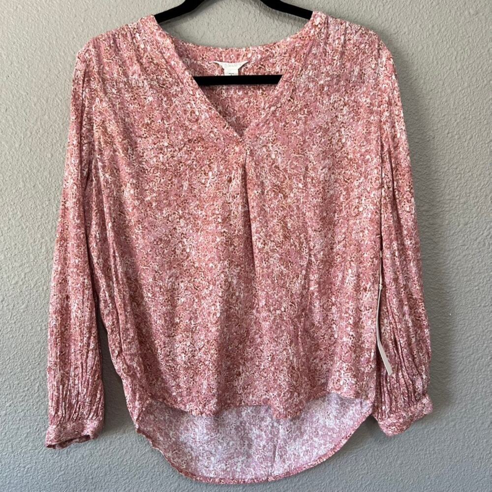 Caslon Floral Watercolor High Low V-Neck Crinkle Crepe Women Blouse Petite S